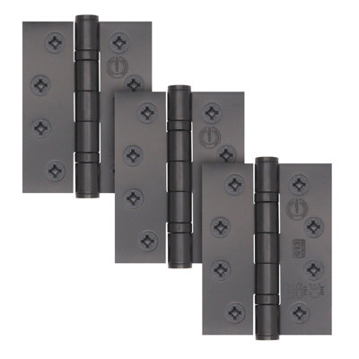 AFIT Black Fire Rated Door Hinges Grade 13 - 4 Inch / 102 x 76mm Matt Black Ball Bearing Hinges - 1.5 Pairs / 3 Pack with Fixings