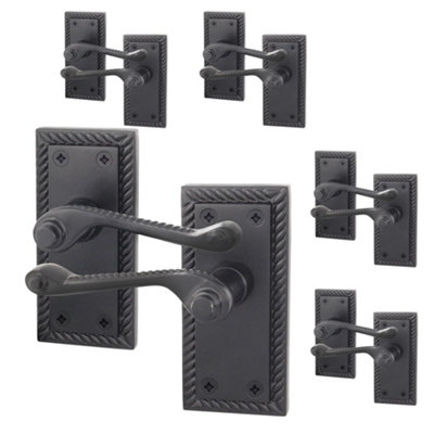 AFIT Black Georgian Door Handle on Backplate Latch Set Rope Edge for ...