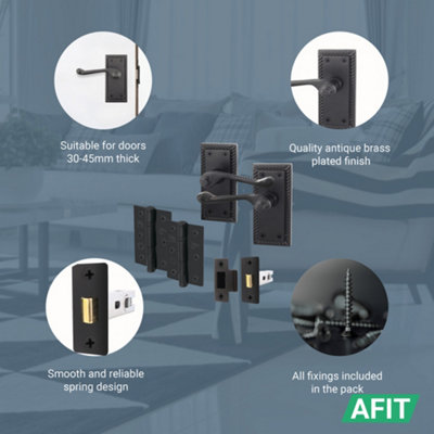 AFIT Black Georgian Door Handle on Backplate Latch Set Rope Edge ...