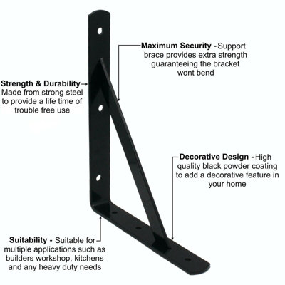 AFIT Black Heavy Shelf Brackets PACK OF 10 200x250x30x4mm with Reinforcing Arm 40kg Heavy Duty StrongArm Range Assured Strength