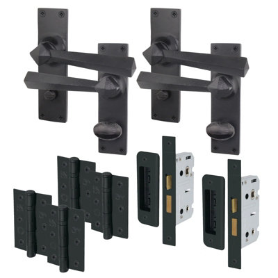 AFIT Black Iron Bathroom Door Handle Set- 2 Pairs Black Antique Internal Handles, Hinges (76mm ...