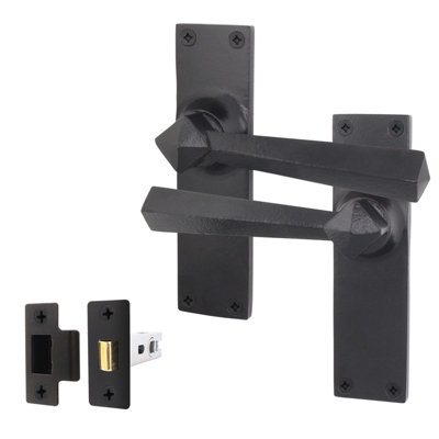 AFIT Black Iron Door Handle Latch Set - 1 Pair of Black Antique Internal Handles & Latch (64mm) - Tudor Range