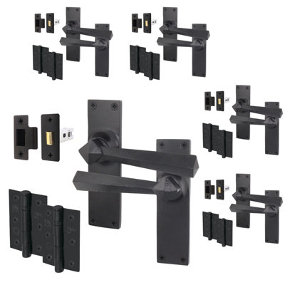AFIT Black Iron Door Handle Latch Set - 5 Pairs of Black Antique Internal Handles, Hinges 76mm & Latches 64mm - Tudor Range