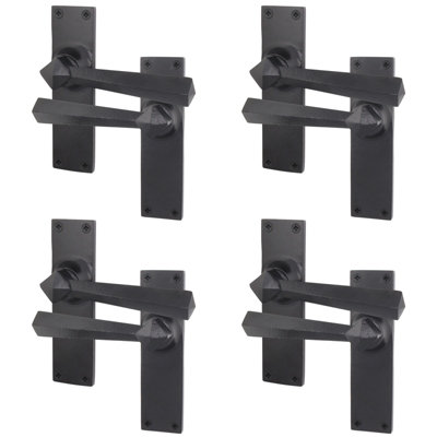 AFIT Black Iron Door Handles - 4 Pairs of Black Antique Internal Lever Latch Handles on Backplate - Tudor Range