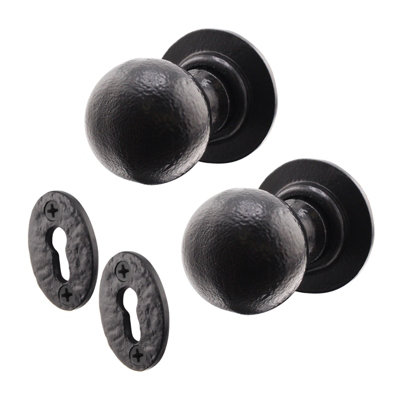 AFIT Black Iron Door Knob Set - 1 Pair of Cast Iron Antique Ball Mortice Knobs & Escutcheons