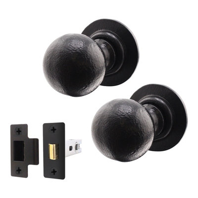 AFIT Black Iron Door Knob Set - 1 Pair of Cast Iron Antique Ball Mortice Knobs & Latch (76mm)