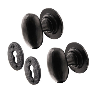 AFIT Black Iron Door Knob Set - 1 Pair of Cast Iron Antique Oval Mortice Knobs & Escutcheons