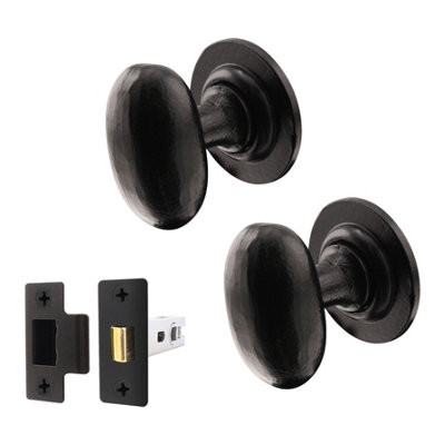 AFIT Black Iron Door Knob Set - 1 Pair of Cast Iron Antique Oval Mortice Knobs & Latch (76mm)
