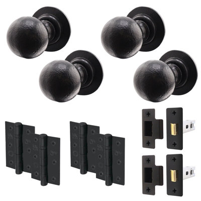 AFIT Black Iron Door Knob Set - 2 Pairs of Cast Iron Antique Ball Mortice Knobs, Latches (76mm) & Hinges (76mm)