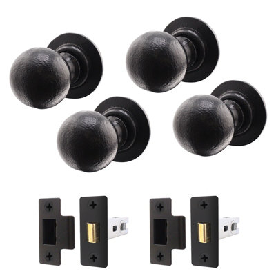 AFIT Black Iron Door Knob Set - 2 Pairs of Cast Iron Antique Ball Mortice Knobs & Latches (76mm)