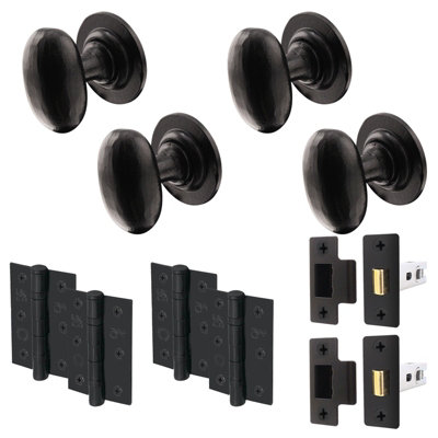 AFIT Black Iron Door Knob Set - 2 Pairs of Cast Iron Antique Oval Mortice Knobs, Latches (76mm) & Hinges (76mm)