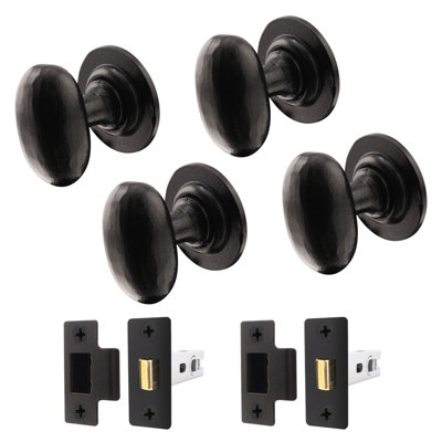 AFIT Black Iron Door Knob Set - 2 Pairs of Cast Iron Antique Oval Mortice Knobs & Latches (76mm)