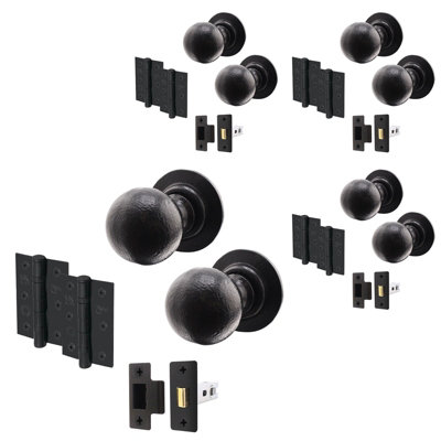 AFIT Black Iron Door Knob Set - 4 Pairs of Cast Iron Antique Ball Mortice Knobs, Latches (76mm) & Hinges (76mm)