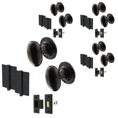 AFIT Black Iron Door Knob Set - 4 Pairs of Cast Iron Antique Oval Mortice Knobs, Latches (76mm) & Hinges (76mm)