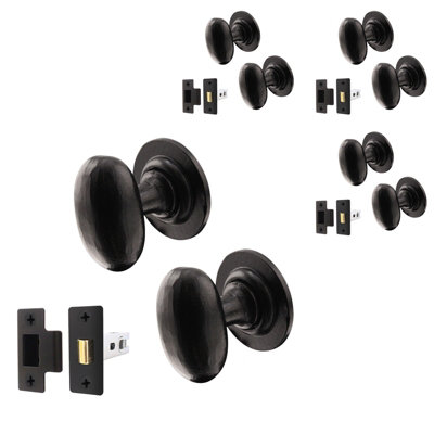 AFIT Black Iron Door Knob Set - 4 Pairs of Cast Iron Antique Oval Mortice Knobs & Latches (76mm)