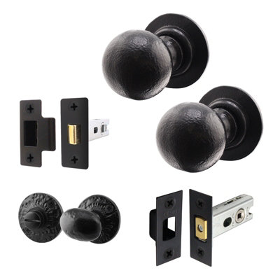 AFIT Black Iron Door Knob Set - Cast Iron Antique Ball Mortice Knobs, Latch & Deadbolt Kit (76mm) & Turn & Release