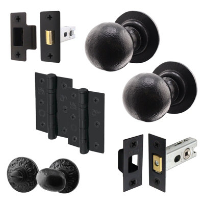 AFIT Black Iron Door Knob Set - Cast Iron Ball Mortice Knobs, Latch & Deadbolt (76mm), Hinges (76mm) & Turn & Release