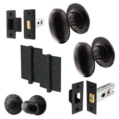 AFIT Black Iron Door Knob Set - Cast Iron Oval Mortice Knobs, Latch & Deadbolt (76mm), Hinges (76mm) & Turn & Release