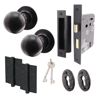 AFIT Black Iron Key Lock Door Knob Set - 1 Pair of Cast Iron Antique Ball Mortice Knobs, Sash Lock (80mm) & Hinges (76mm)