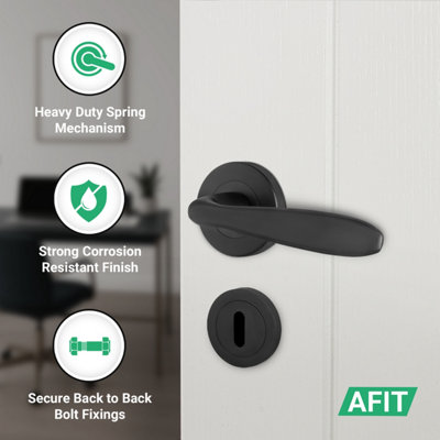 AFIT Black Lock Door Handle Round Rose Set, 1 Pair Internal Lever Matt ...