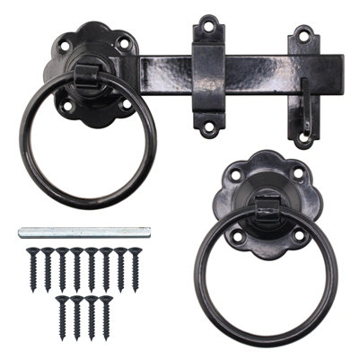 AFIT Black Ring Gate Latch Set, 6 Inch / 150mm Heavy Duty Auto Catch Set for Wooden Gates, Sheds & Doors