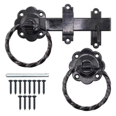 AFIT Black Ring Gate Latch Set, 6 Inch / 150mm Heavy Duty Twisted Auto Catch Set for Wooden Gates, Sheds & Doors