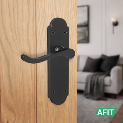 AFIT Black Victorian Door Handles Latch, 1 Pair of Internal Matt Black Victorian Scroll Shaped Backplate Handles