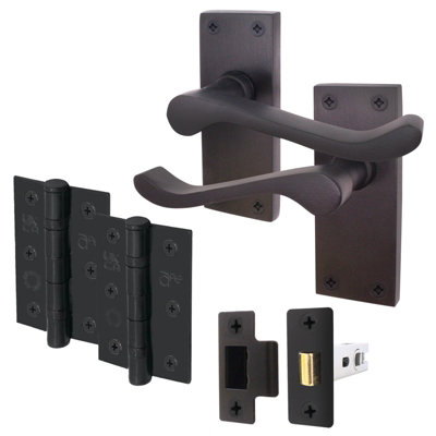 AFIT Black Victorian Scroll Door Handle Latch Set - 1 Pair of Internal Lever Handles on Backplate with Hinges 76mm & Latch 66mm