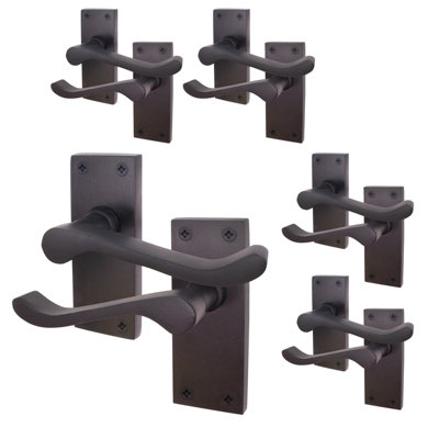 AFIT Black Victorian Scroll Door Handles - 5 Pairs of Matt Black Internal Lever Latch Handles on Backplate