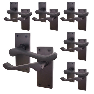 AFIT Black Victorian Scroll Door Handles - 6 Pairs of Matt Black Internal Lever Latch Handles on Backplate