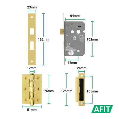 AFIT Brass Bathroom Door Handle Set, 1 Pair Internal Polished Brass Victorian Scroll Backplate, Hinges and Lock 64mm