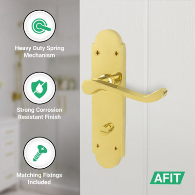 AFIT Brass Bathroom Door Handle Set, 1 Pair Internal Polished Brass Victorian Scroll Backplate, Hinges and Lock 64mm