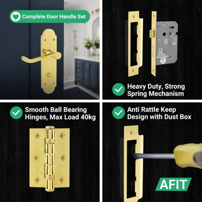 AFIT Brass Bathroom Door Handle Set, 1 Pair Internal Polished Brass Victorian Scroll Backplate, Hinges and Lock 64mm