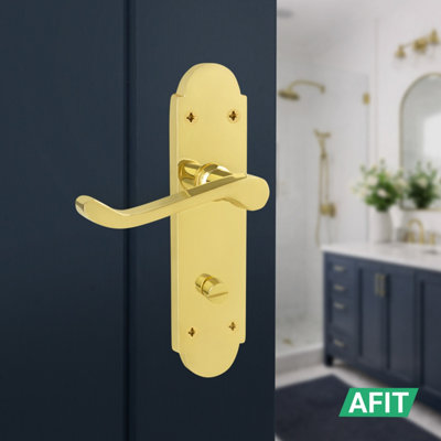 AFIT Brass Bathroom Door Handle Set, 1 Pair Internal Polished Brass Victorian Scroll Backplate, Hinges and Lock 64mm