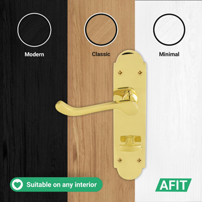 AFIT Brass Bathroom Door Handle Set, 1 Pair Internal Polished Brass Victorian Scroll Backplate, Hinges and Lock 64mm