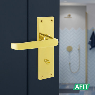 AFIT Brass Bathroom Door Handles, 1 Pair of Internal Victorian Straight Pattern Polished Brass on Backplate Bathroom
