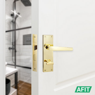 AFIT Brass Bathroom Door Handles, 1 Pair of Internal Victorian Straight Pattern Polished Brass on Backplate Bathroom