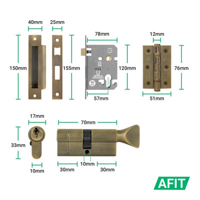 AFIT Brass Door Handle Euro Lock with Thumbturn Cylinder, Hinges, 1 Pair Internal Twist Antique Handles - Novi Range
