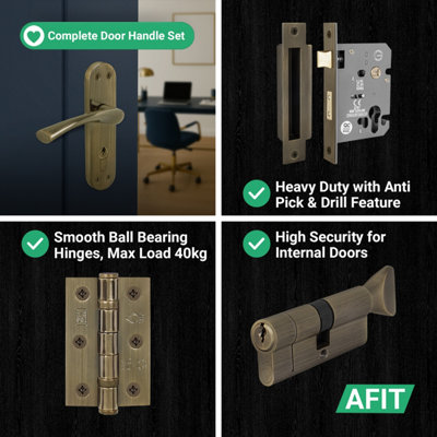 AFIT Brass Door Handle Euro Lock with Thumbturn Cylinder, Hinges, 1 Pair Internal Twist Antique Handles - Novi Range