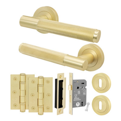 AFIT Brass Door Handle Key Lock Set Satin Brass Internal 64mm Lock