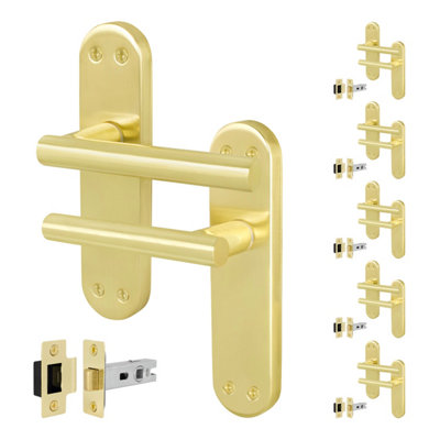 AFIT Brass Door Handles with Latch, 6 Pair of Internal T-Bar Satin Brass Backplate Handles - Olvera Range