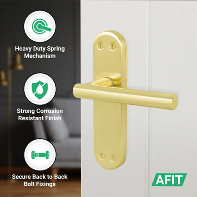 AFIT Brass Door Handles with Latch, 6 Pair of Internal T-Bar Satin Brass Backplate Handles - Olvera Range