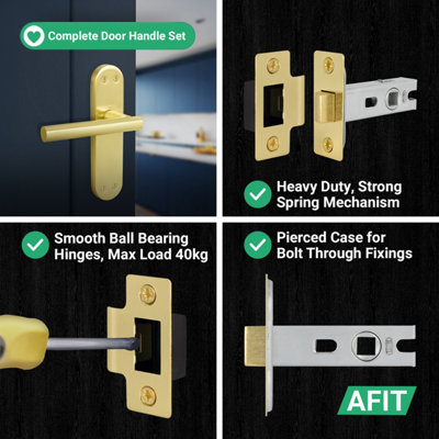 AFIT Brass Door Handles with Latch, 6 Pair of Internal T-Bar Satin Brass Backplate Handles - Olvera Range