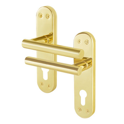 AFIT Brass Euro Door Handles, 1 Pair of Internal T-Bar of Polished Brass Backplate Handles - Olvera Range