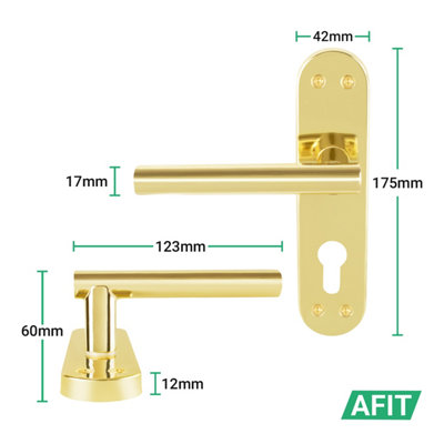 AFIT Brass Euro Door Handles, 1 Pair of Internal T-Bar of Polished Brass Backplate Handles - Olvera Range