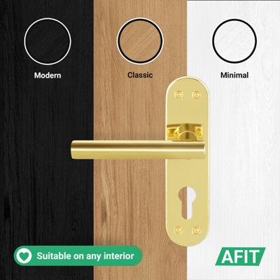 AFIT Brass Euro Door Handles, 1 Pair of Internal T-Bar of Polished Brass Backplate Handles - Olvera Range