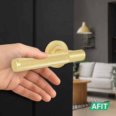 AFIT Brass Fire Door Handle Satin Brass Internal Lever on Rose Fire ...
