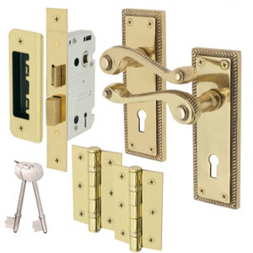AFIT Brass Georgian Scroll Door Handle on Backplate Lock Kit / Pack - 80mm Lock 76mm Hinges