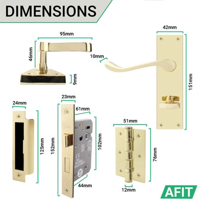 AFIT Brass Scroll Door Handles Bathroom Set, 1 Pair Internal Victorian Scroll Backplate Handles, Lock 64mm and Hinges