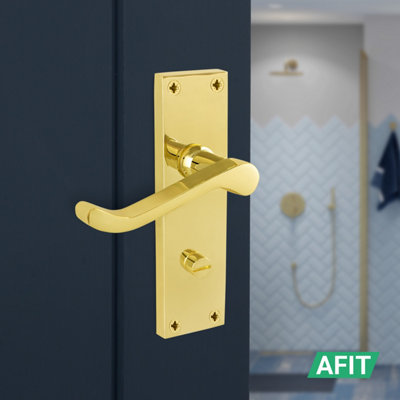 AFIT Brass Scroll Door Handles Bathroom Set, 1 Pair Internal Victorian Scroll Backplate Handles, Lock 64mm and Hinges